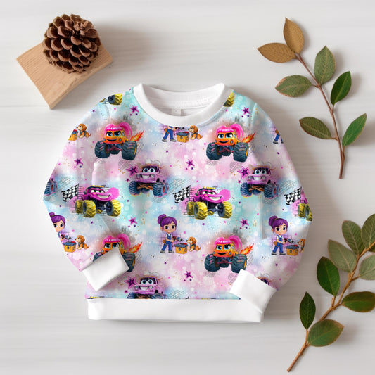 Monster Truck in rosa | Fahrzeugs Stoff Meterware | Kinderstoff