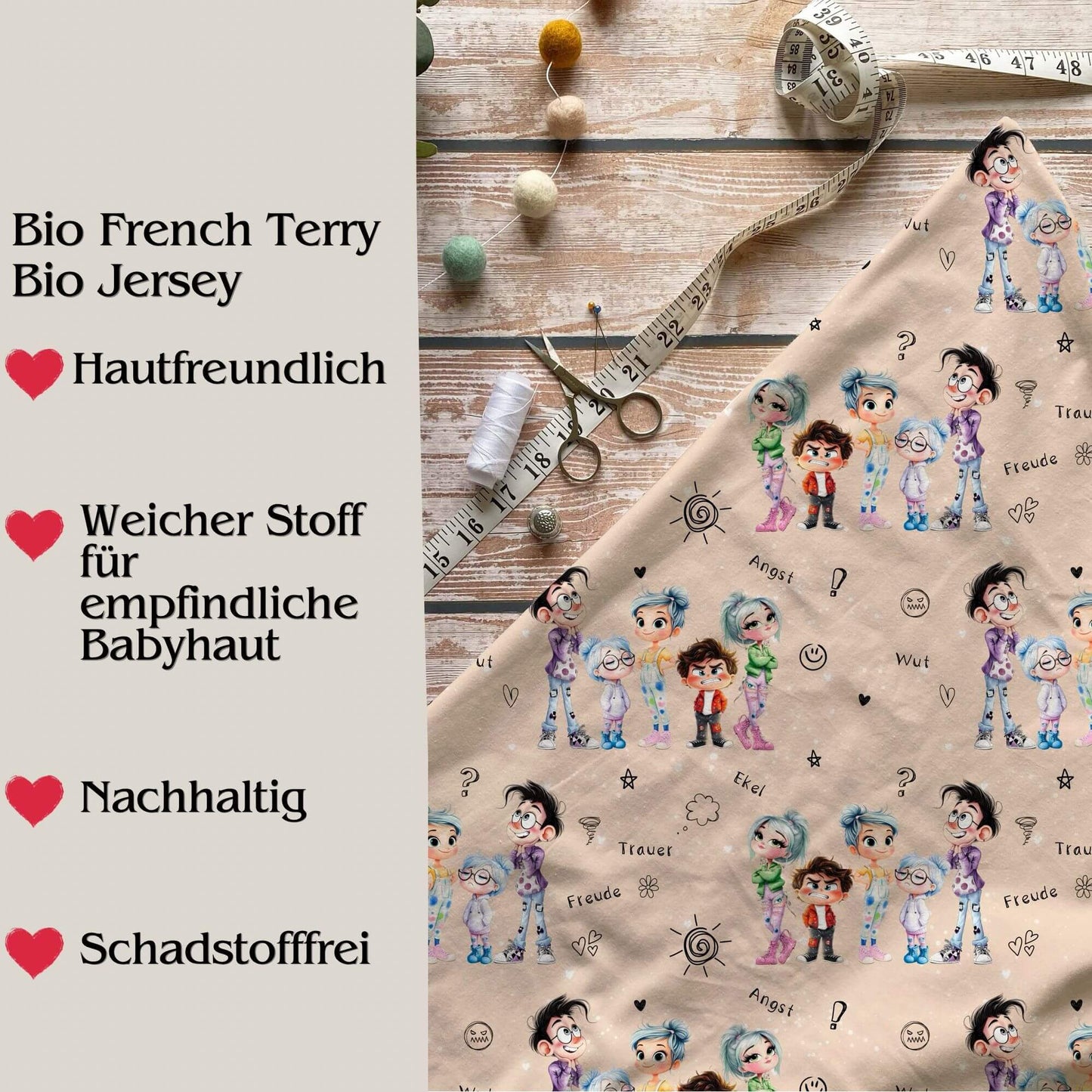 Bio Meterware mit Gefühlsmotiven – emotionales Design für selbstgenähte Kindermode & nachhaltige DIY-Projekte