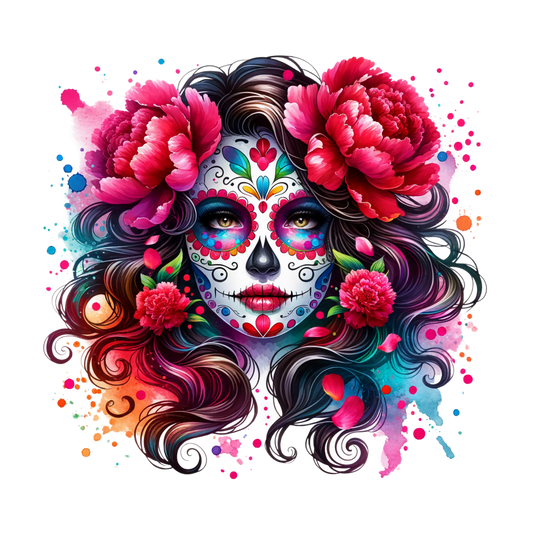 Farbenfrohes Bügelbild Catrina mit roten Rosen im Día-de-los-Muertos-Stil