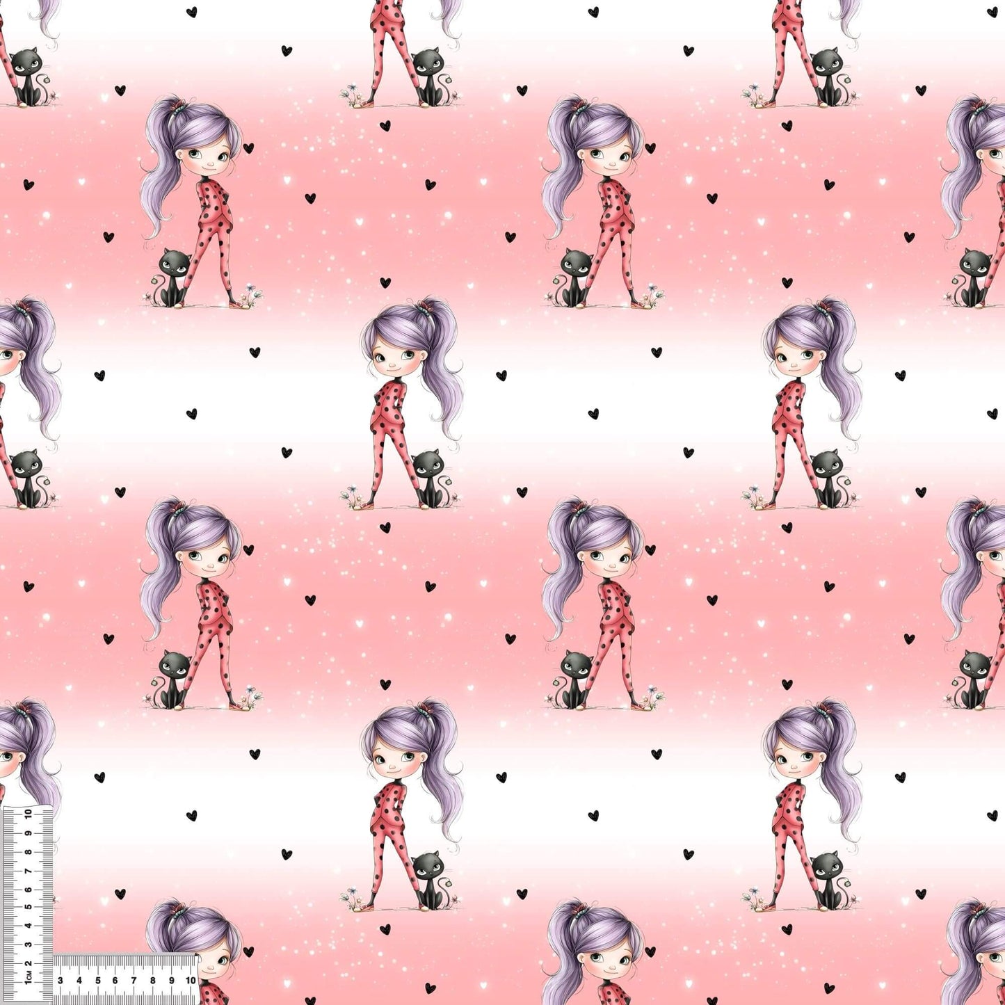 Bio Jersey Stoff rosa mit Ladybug Mädchen und schwarzer Katze als Rapport – ideal für Baby- und Kinderkleidung – French Terry verfügbar