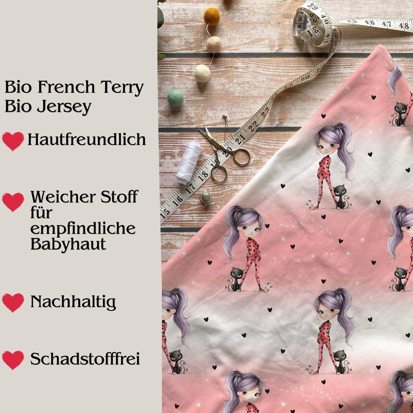 Bio French Terry oder Jersey – hautfreundlich, schadstofffrei & weich – rosa Stoff mit Mädchenmotiv und Katze