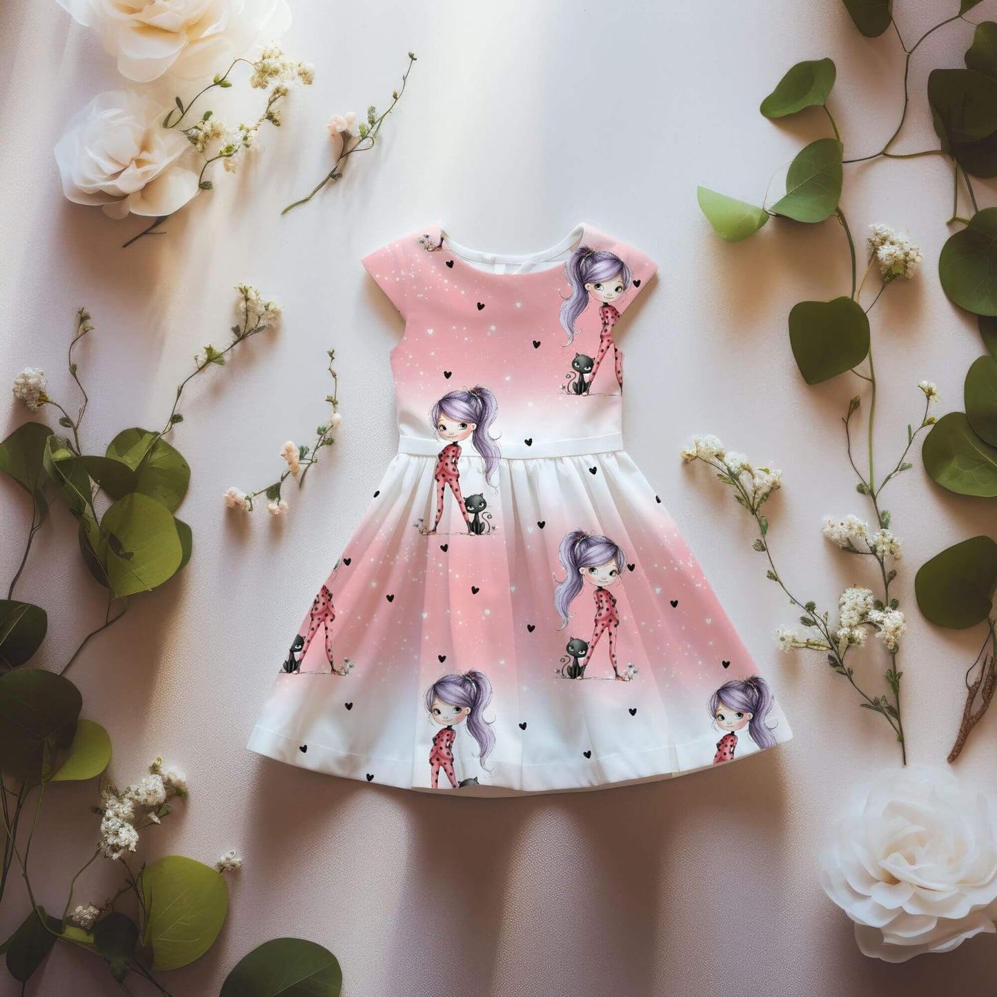 Kinderkleid genäht aus Ladybug Girl & Black Cat Bio Jersey – rosa Mädchenstoff Meterware – ideal für Handmade Shops