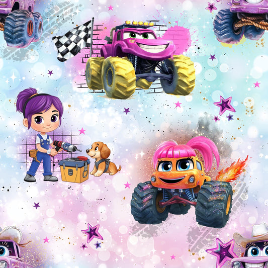 Stoffe Meterware "Monster Trucks" in rosa - Jersey oder French Terry