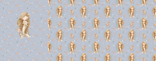 Stoffpanel aus Bio Jersey oder Bio French Terry mit kleiner Meerjungfrau auf neutralem blauen Hintergrund. Meerjungfrau, kleine Luftblasen und Seerosen.