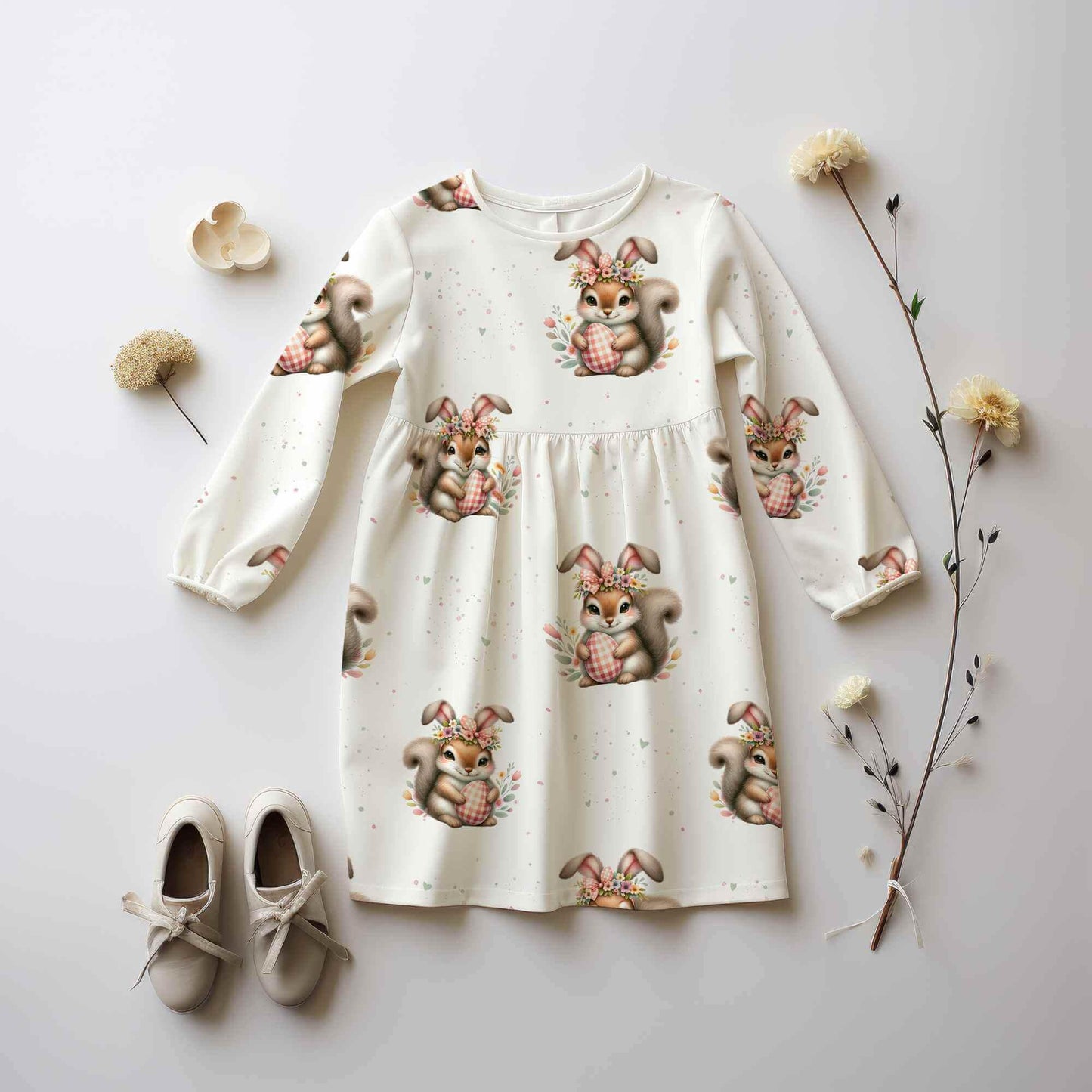 Nähbeispiel: Langärmliges Kinderkleid mit niedlichem Eichhörnchen als Osterhasen, perfekt für besondere Anlässe.