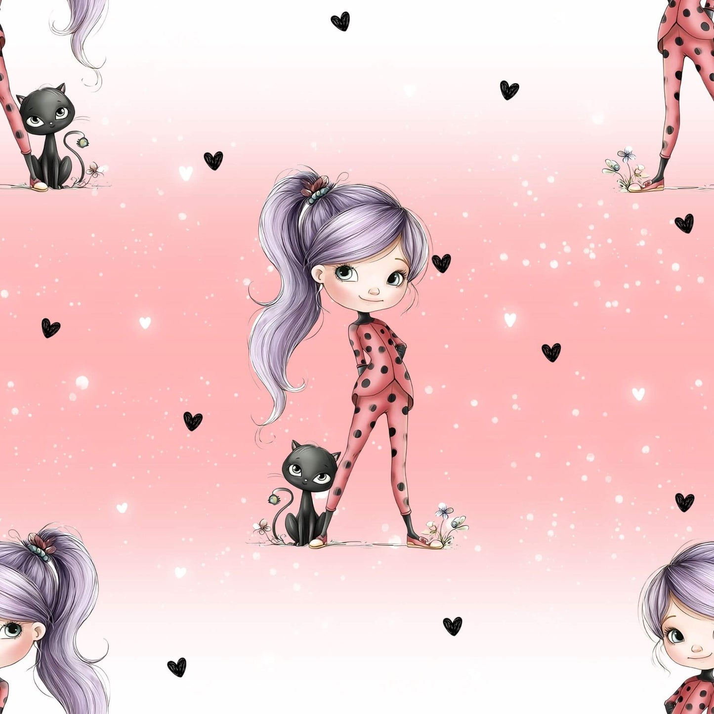 Detailaufnahme Bio Jersey mit Ladybug Girl & Katze – rosa Hintergrund mit Herzchen – French Terry verfügbar