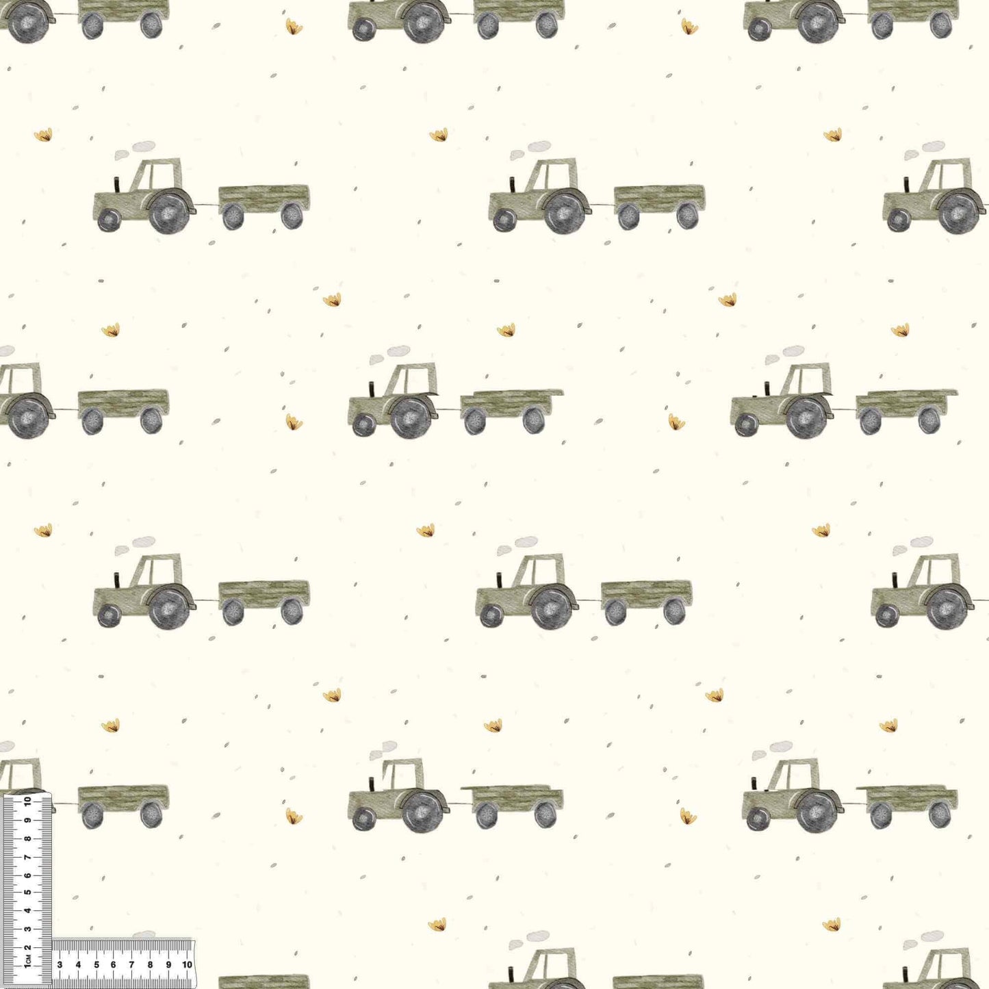 Jersey oder French Terry Stoffdesign mit Traktor-Illustrationen in sanften Farben, weich und schadstofffrei