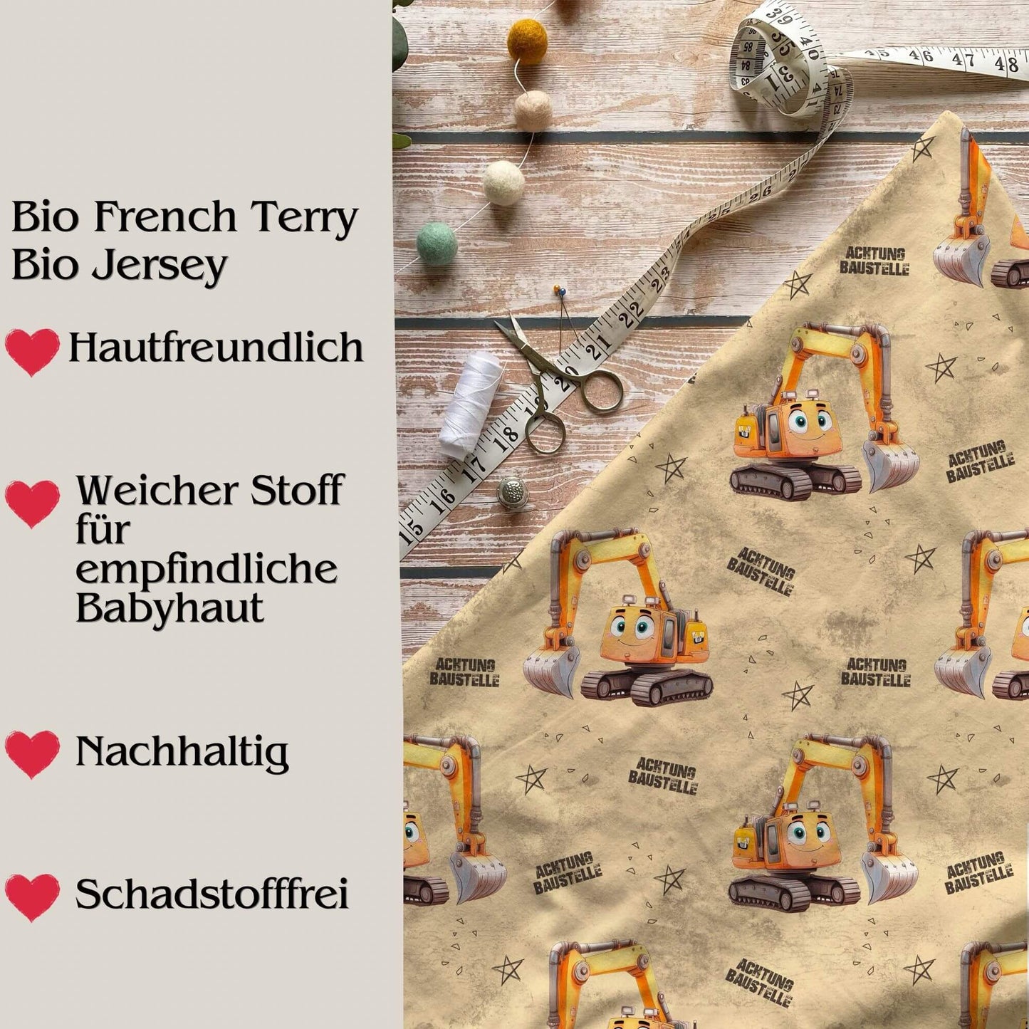 Jersey oder French Terry Meterware "Achtung Baustelle"