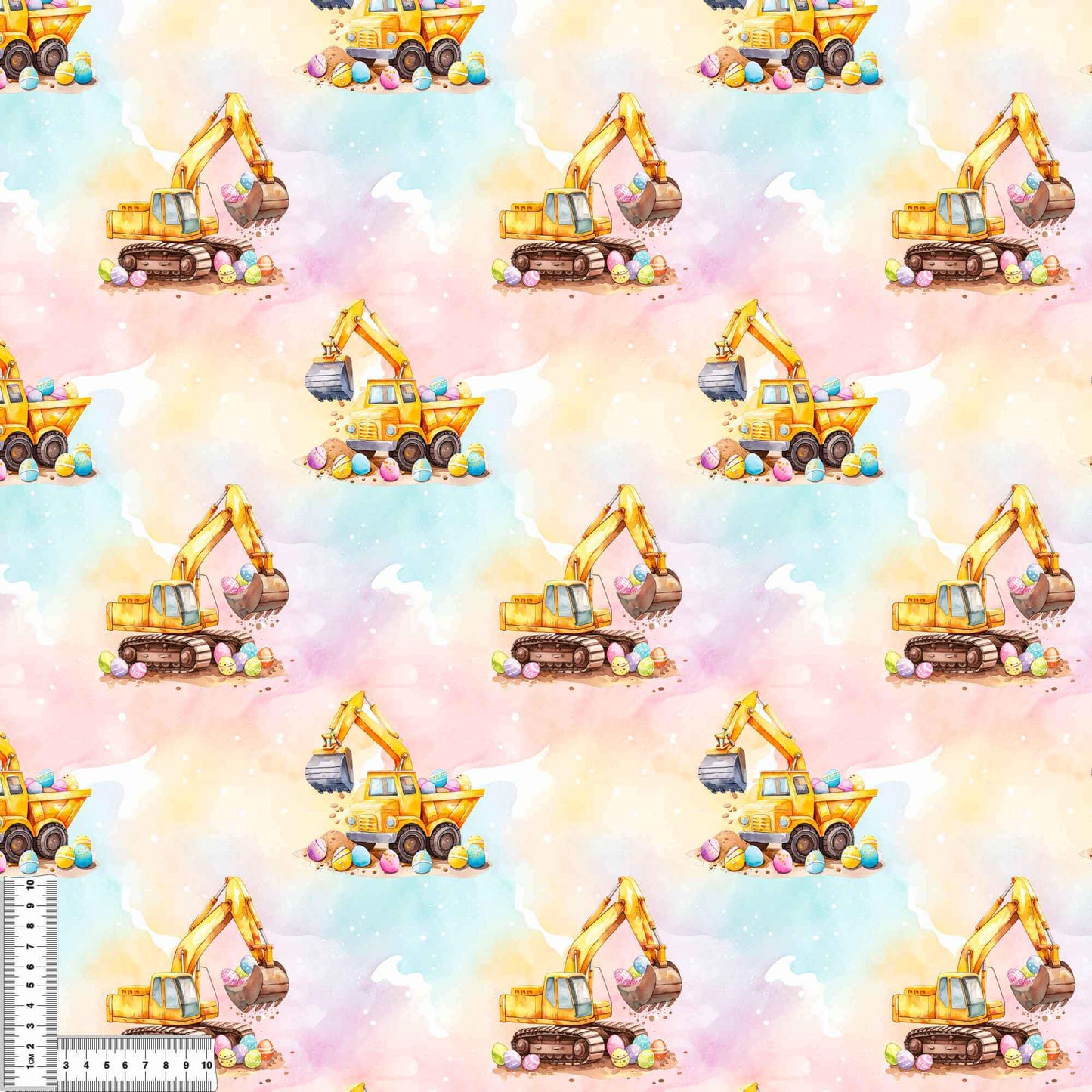 Detailaufnahme vom Jersey Stoff mit Ostereier Bagger auf buntem Hintergrund, perfekt für kreative Nähprojekte