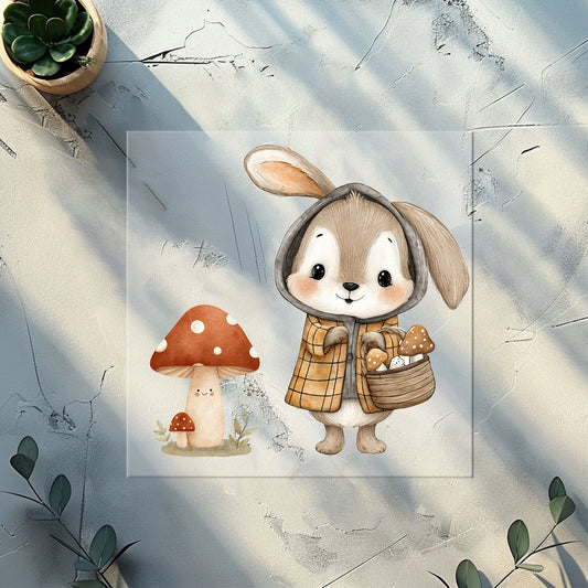 Bügelbild "Pilzsammler Hase" für Textilien
