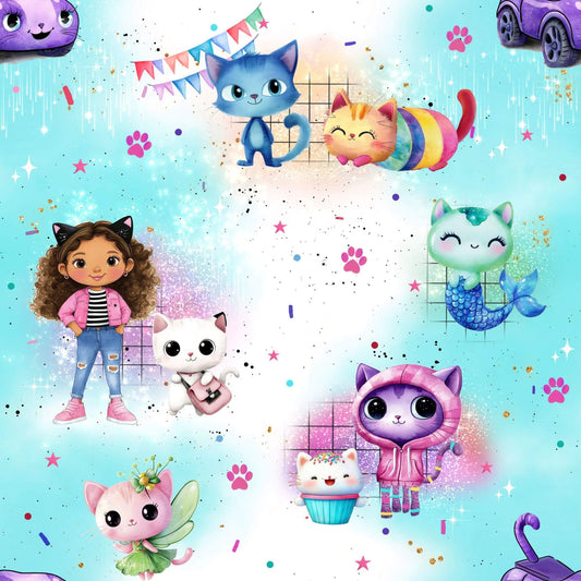 Stoffe Meterware „Katzenhaus" blau - Jersey oder French Terry