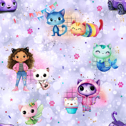 Kinderstoff French Terry Meterware „Magisches Katzenhaus" Lavendel Bubbel 0,5m Lagerware