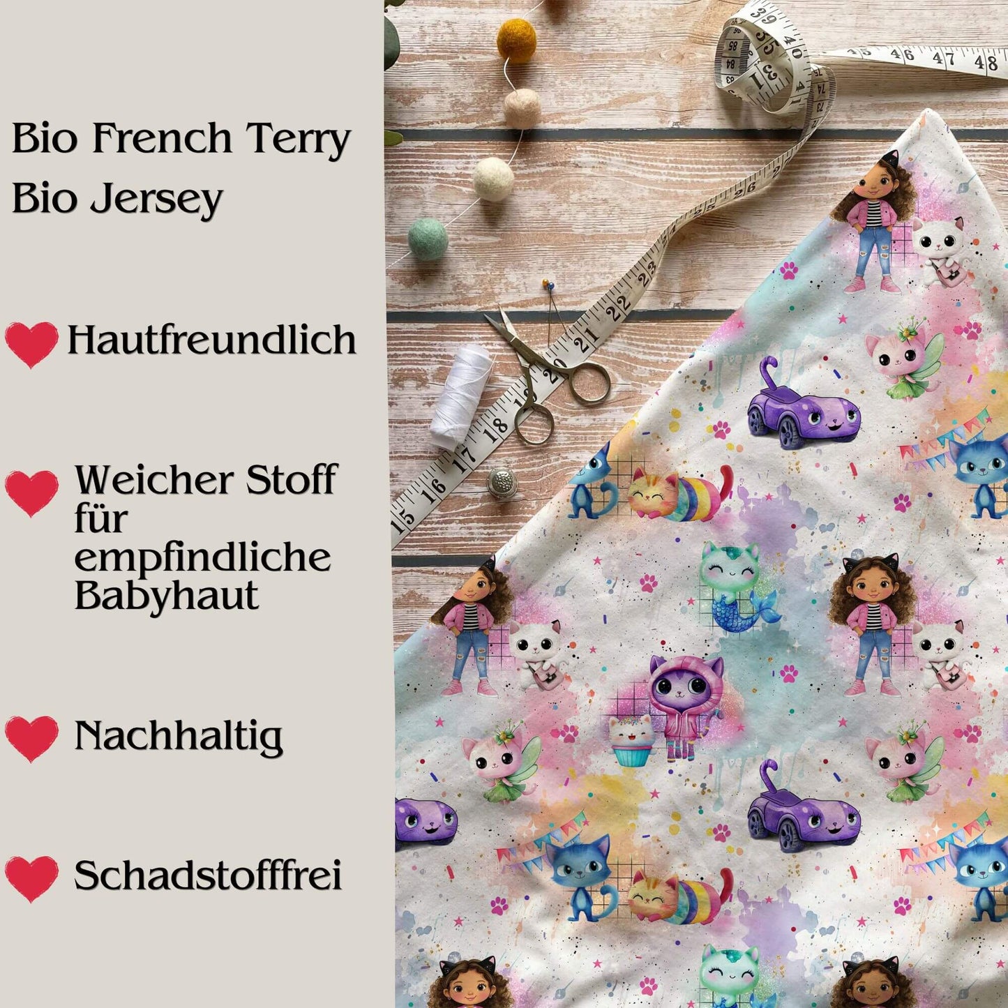 Stoffe Meterware „Regenbogen Katzenhaus" - Jersey oder French Terry