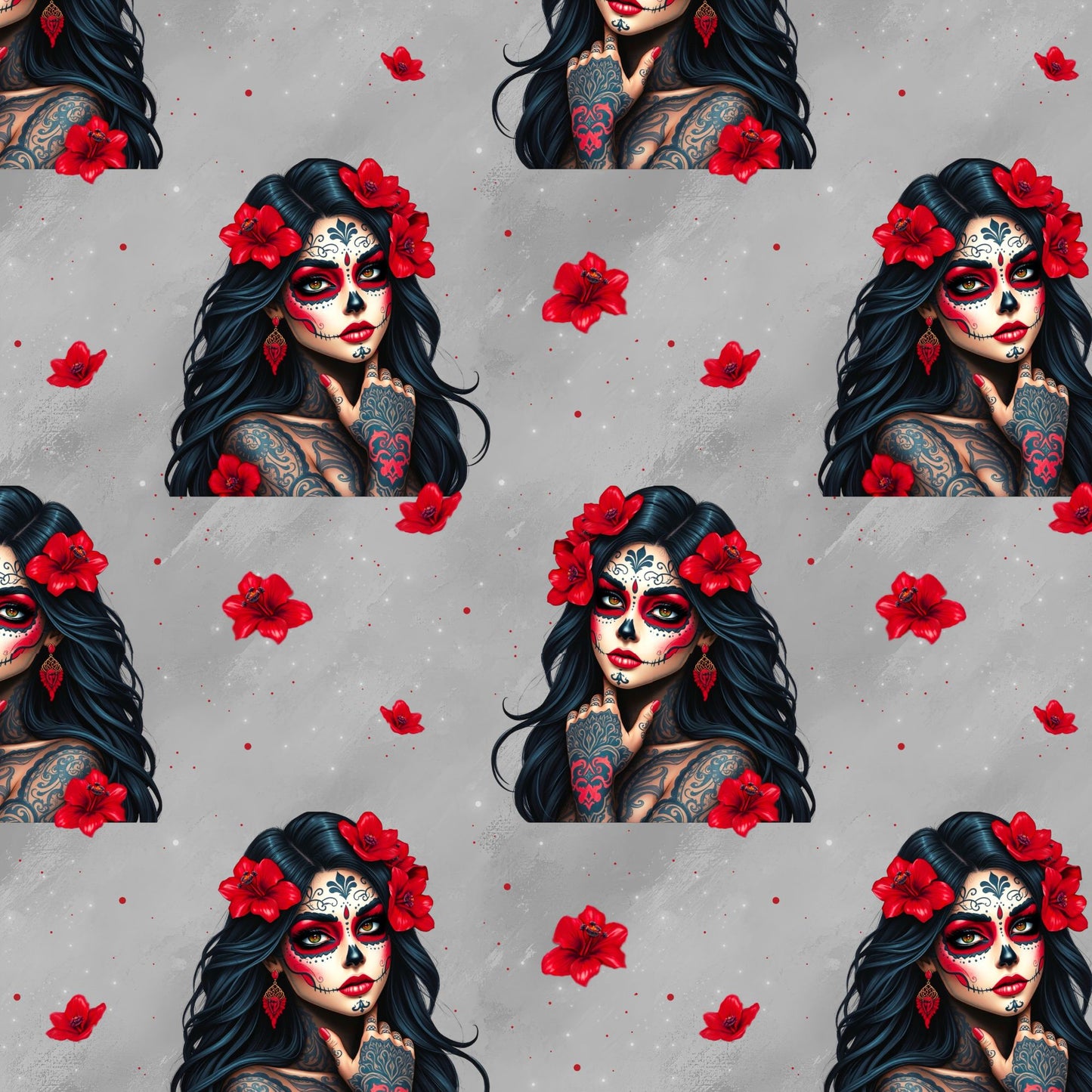 La Catrina Red & Grey | Totenkopf Stoff Meterware