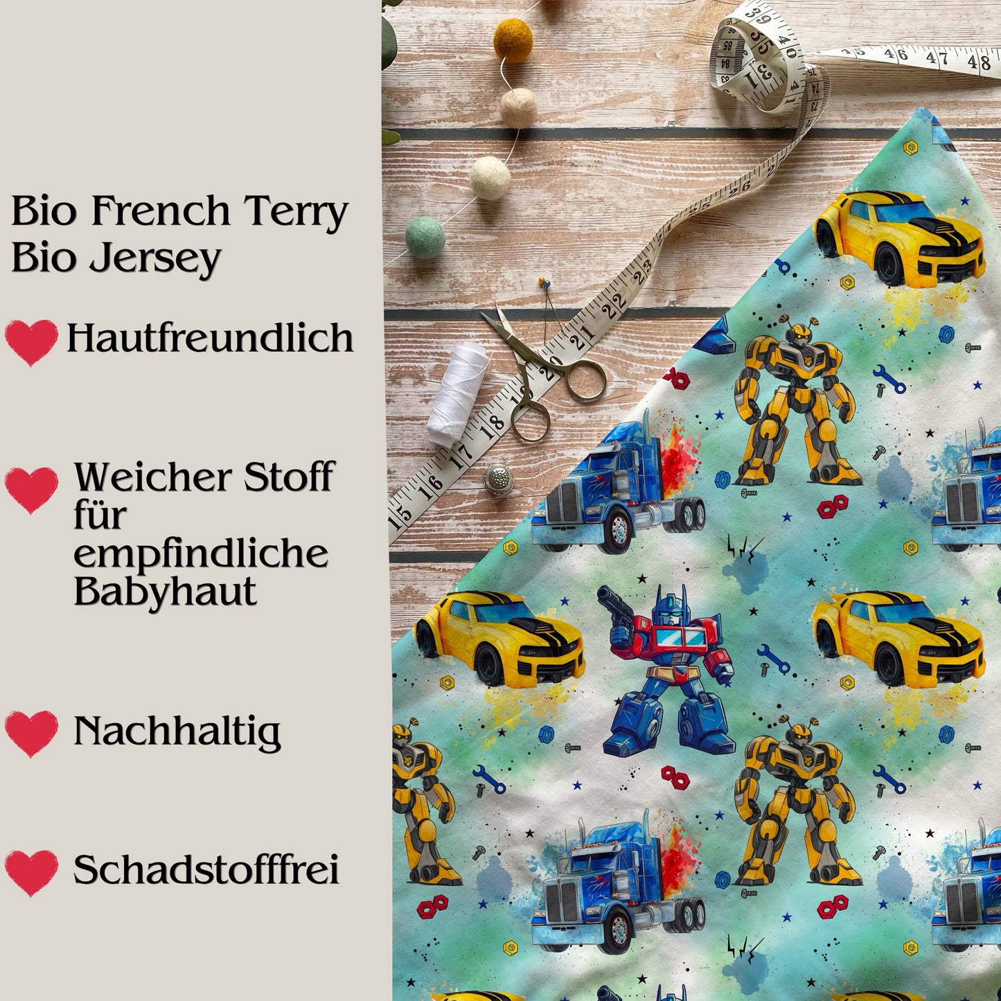 Jersey & French Terry "RobotCars" in grün - Stoffe Meterware