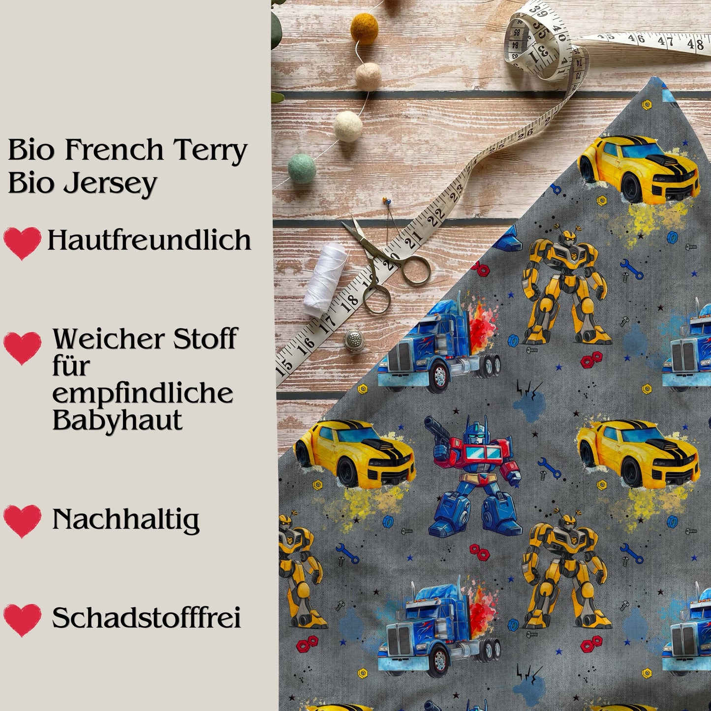 Jersey & French Terry "RobotCars" in grau - Stoffe Meterware