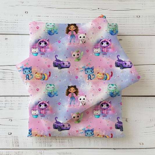 Candy Dream Katzenhaus | Magisches Katzenhaus Stoff Meterware | Kinderstoff