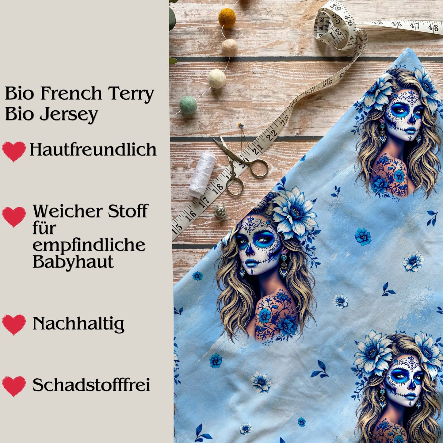 Stoffe Meterware "la Catrina" blau - Jersey oder French Terry
