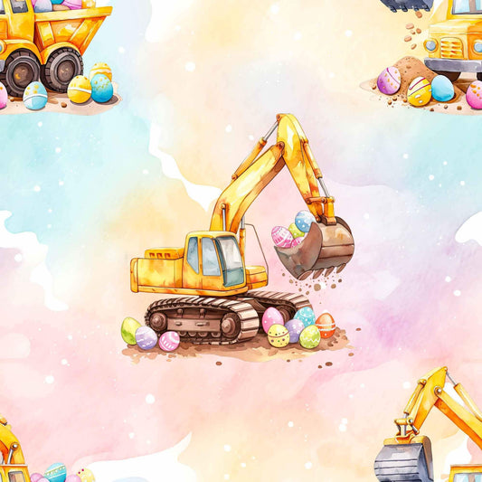 Osterstoff Jersey oder French Terry mit einem Regenbogen Hintergrund und einem Bagger der Ostereier Schaufelt