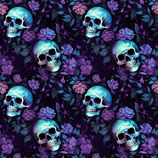 Gefalteter Bio Stoff Totenkopf-Lila Blumen auf Holz – French Terry oder Jersey als Meterware für Kinderkleidung & Erwachsene