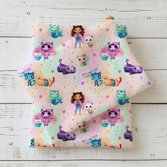 Katzenhaus Regenbogenschimmer | Katzen Stoff Meterware | Kinderstoff