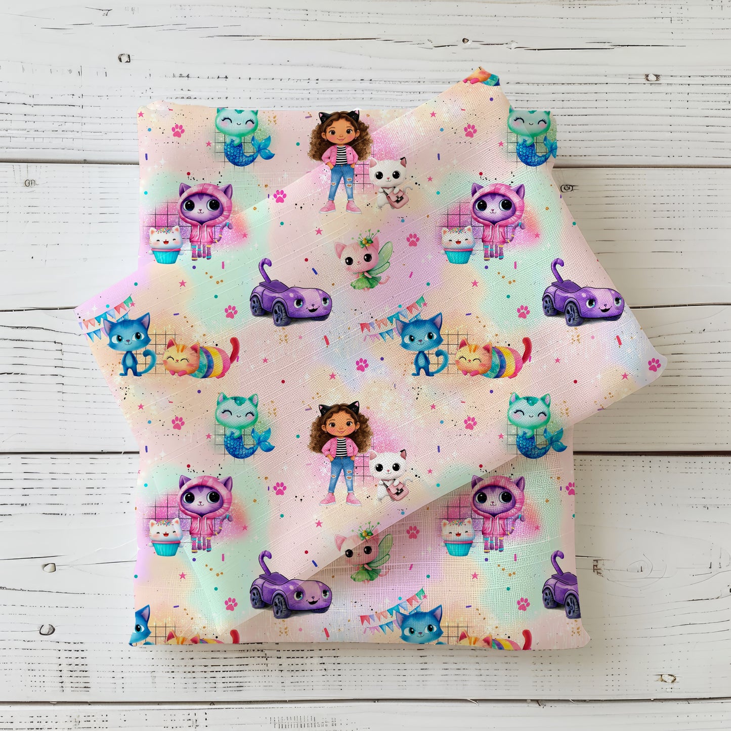 Katzenhaus Regenbogenschimmer | Katzen Stoff Meterware | Kinderstoff