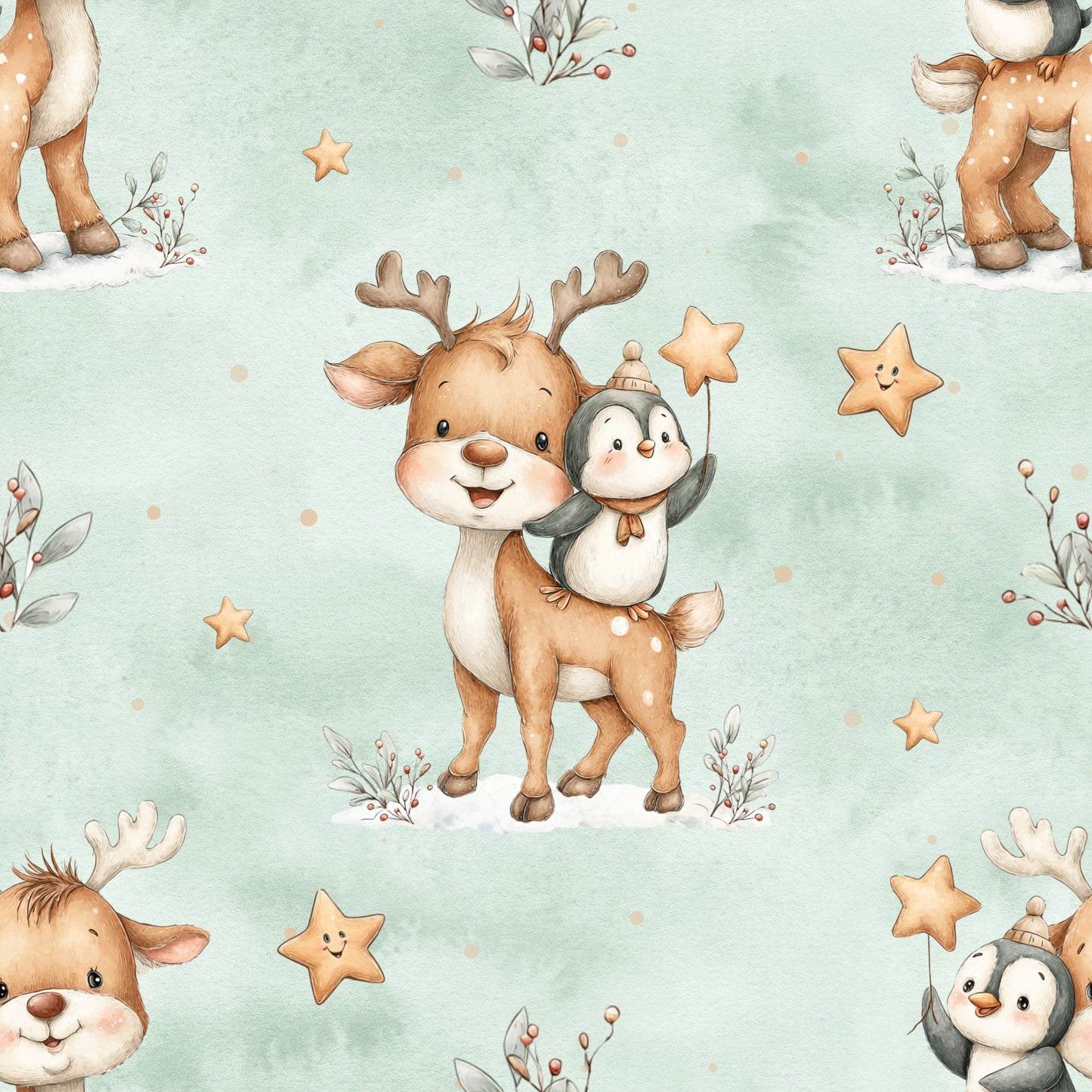 Jersey oder French Terry „Rentier & Pinguin" Weihnachten