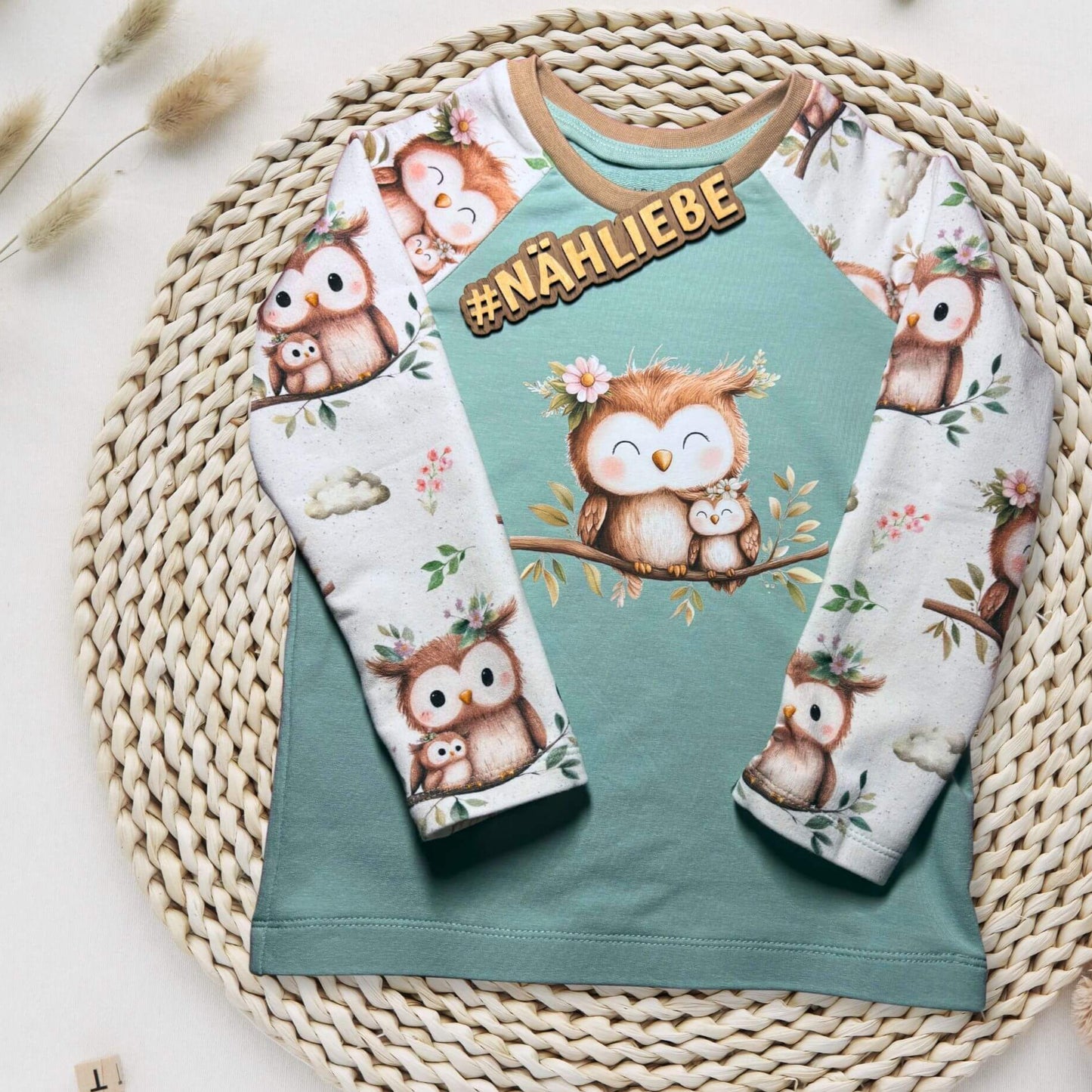 Raglan Sweatshirt Kinder "Eule" mint – French Terry