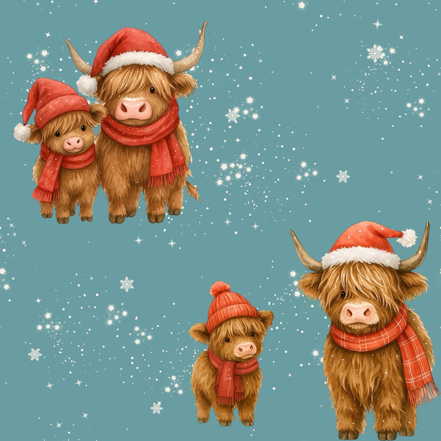 Weihnachtsstoff Highland Kuh mit Kalb – Kinderstoff Meterware Jersey, Rib Jersey oder French Terry