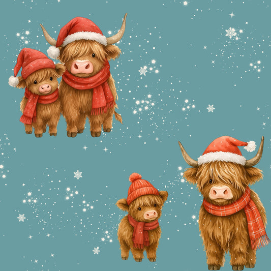Weihnachtsstoff Highland Kuh mit Kalb – Kinderstoff Meterware Jersey, Rib Jersey oder French Terry