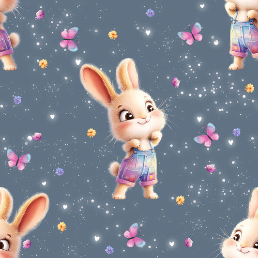 Detailaufnahme vom Verspielter French Terry Stoff oder Jersey Kinderstoff mit Oster und floralen Details auf blauem Hintergrund, perfekt für kreative Nähprojekte