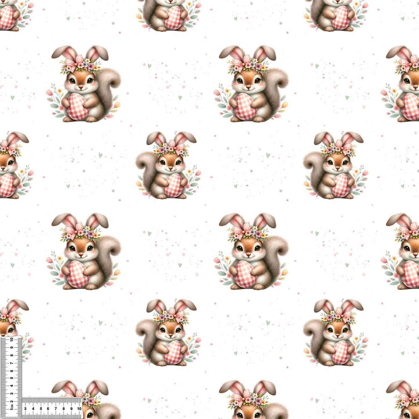 Detailaufnahme vom Jersey Stoff mit Osterhörnchen und floralen Details auf hellem Hintergrund, perfekt für kreative Nähprojekte