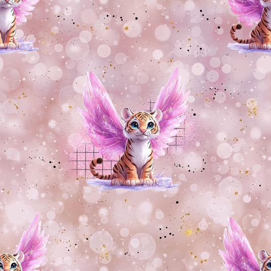 Illustration vom Stoffdesign mit fliegendem Tiger auf rosa Hintergrund