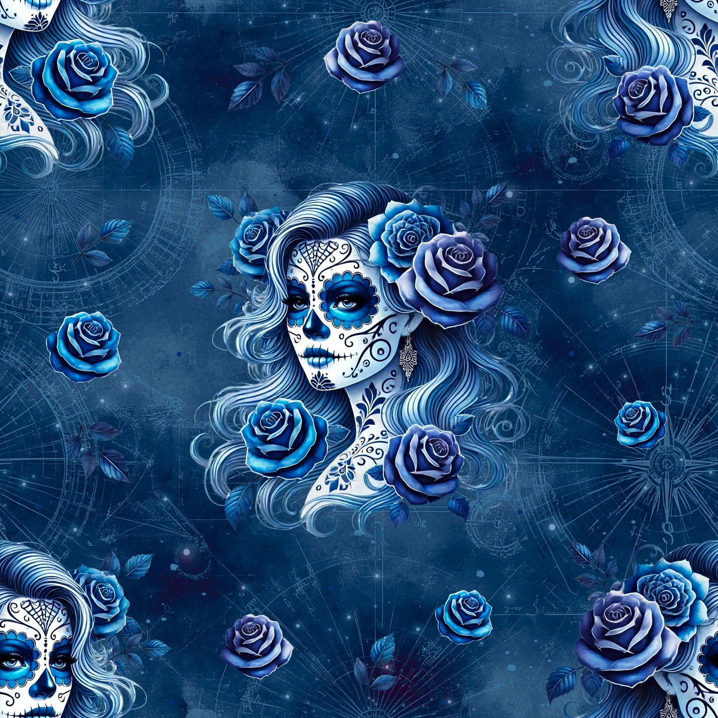Blue Rebel Rose Stoffdesign mit Sugar Skull und blauen Rosen auf dunklem Hintergrund