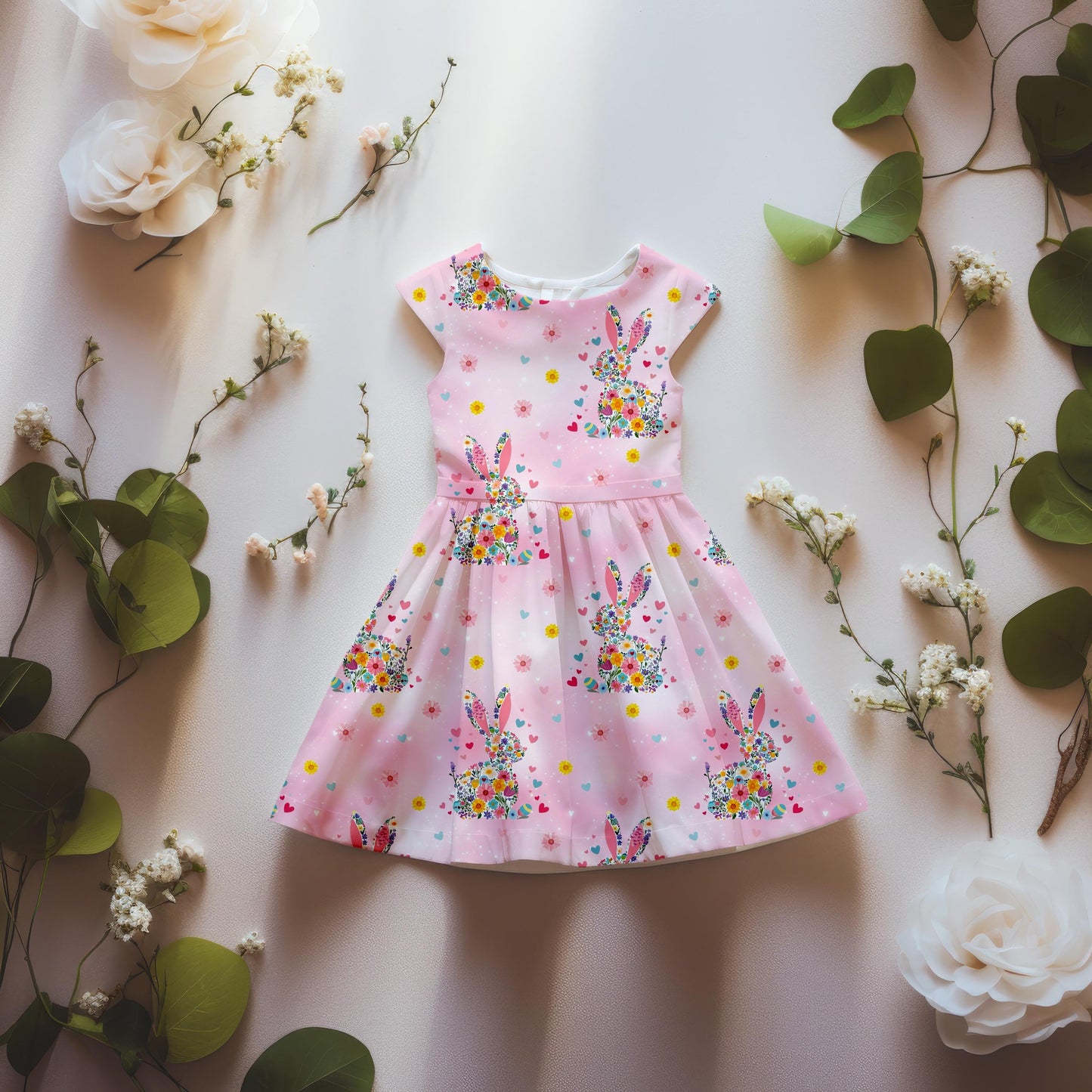 Nähbeispiel: Schönes Oster Sommer Kleid aus weichem Jersey oder French Terry in Rosa mit Blumen Osterhase.