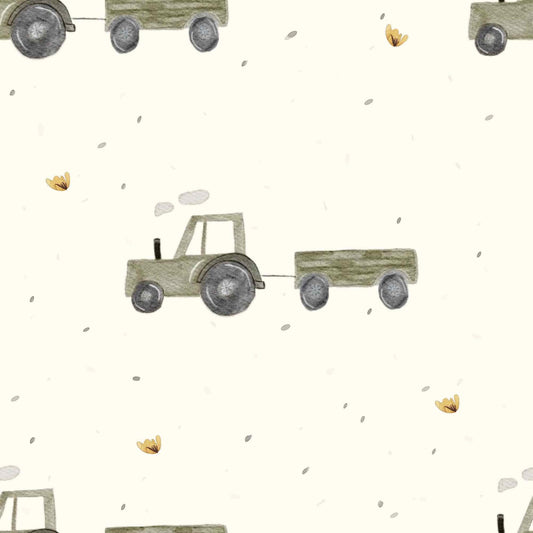 Traktor-Motiv auf weichem Jersey oder French Terry Stoff, perfekt für nachhaltige und schadstofffreie Babybekleidung"