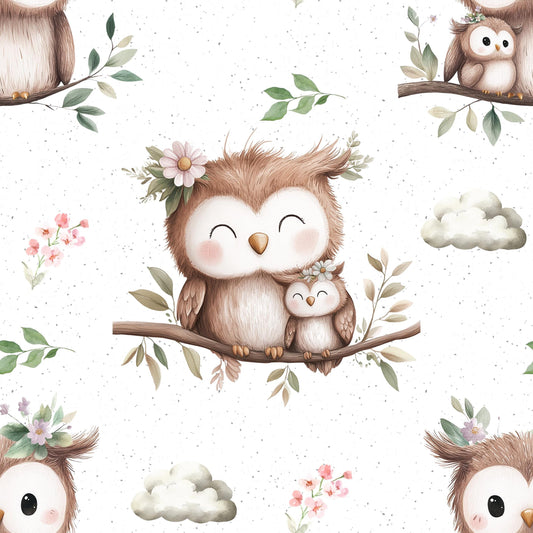 Stoffe Meterware "Eule" in creme - Jersey oder French Terry