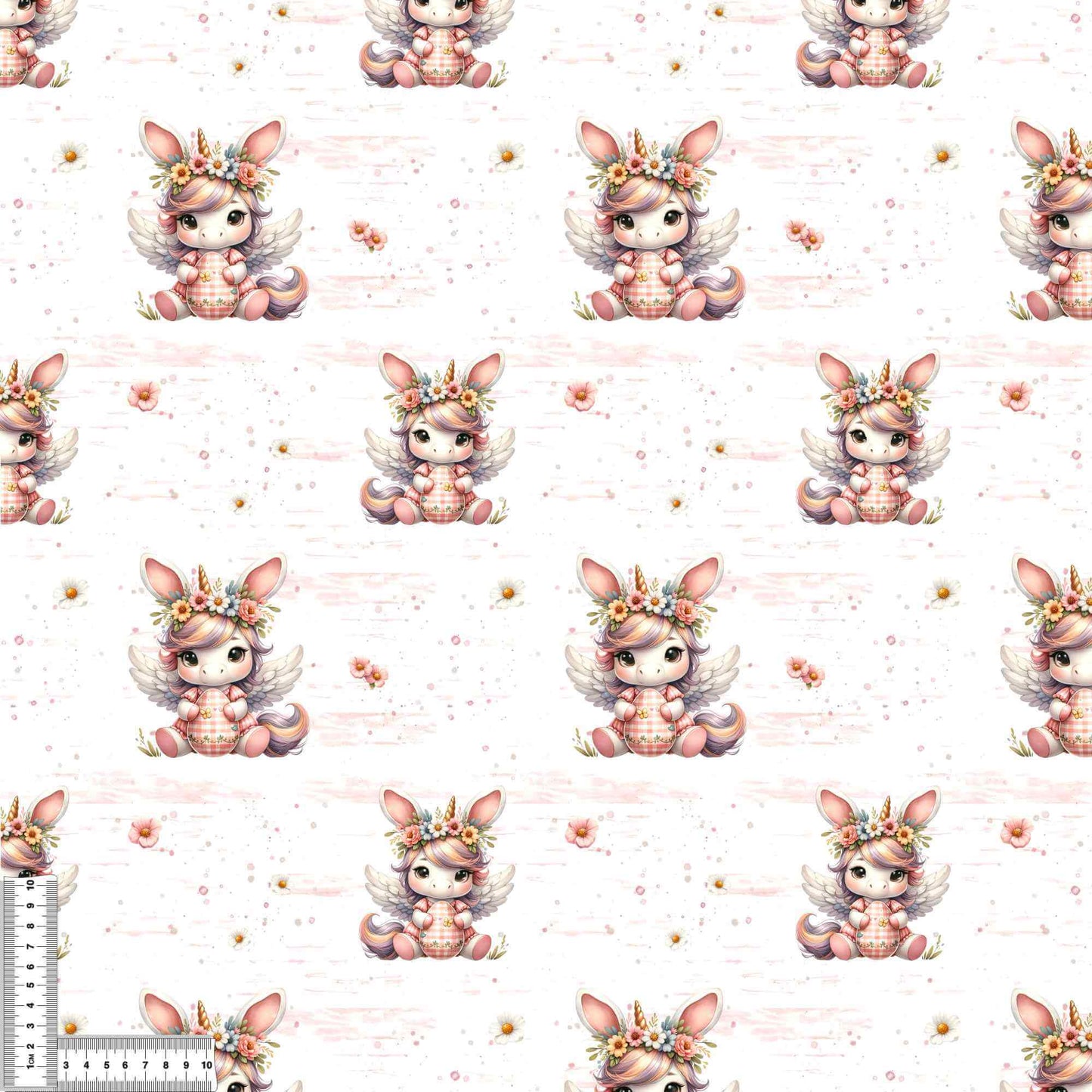 Detailaufnahme vom Verspielter Bio Jersey Osterstoff mit Oster Einhorn und floralen Details auf hellem Hintergrund, perfekt für kreative Nähprojekte