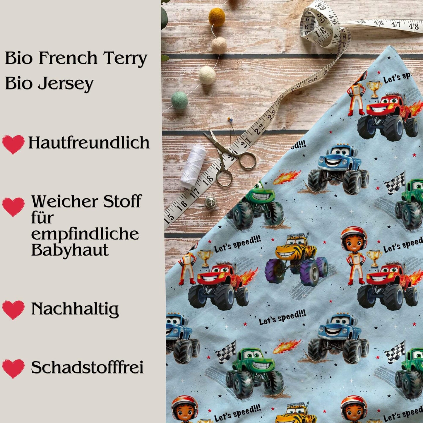 Monster Trucks Kinderstoff in Bio-Qualität – Jersey oder French Terry mit Vorteilen für Babyhaut