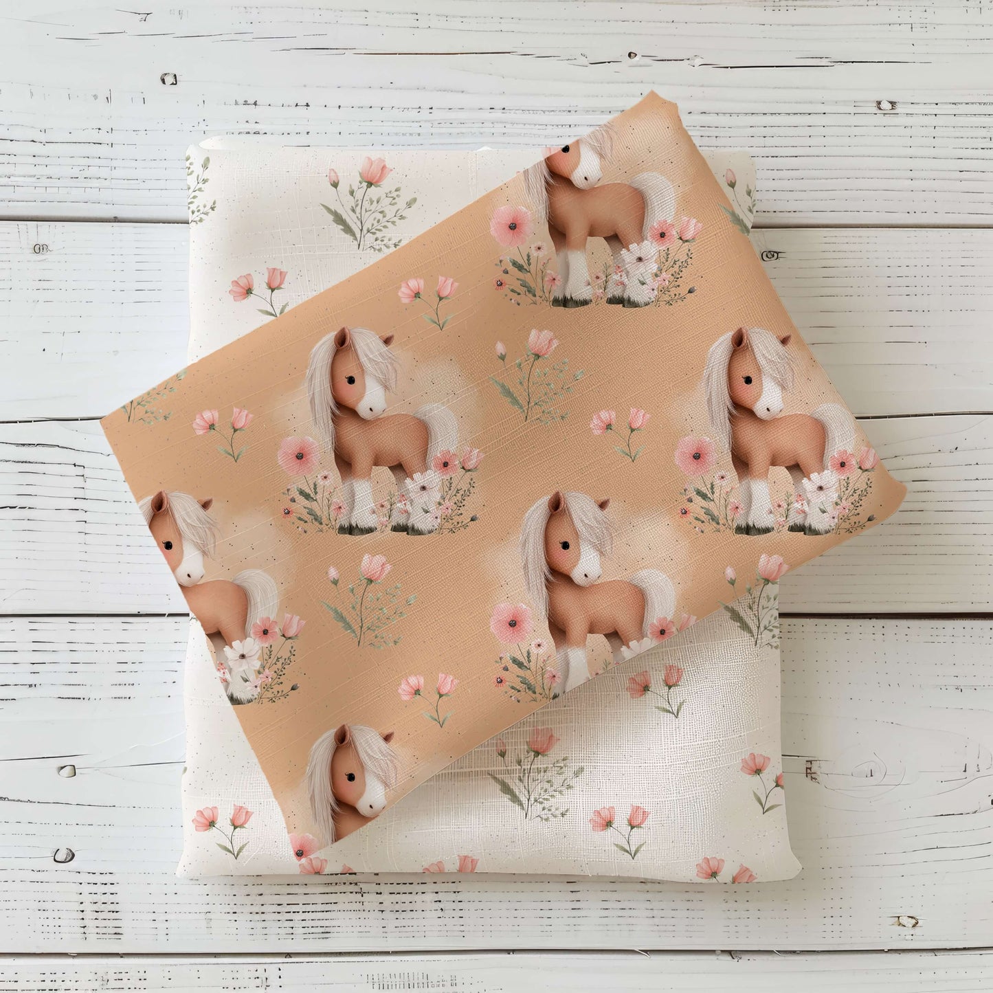 Kinderstoff Blütenpony mit Pony Motiv und Blumen auf warmem Hintergrund, Jersey French Terry und Rib Jersey Stoff Meterware für Baby und Kinderkleidung