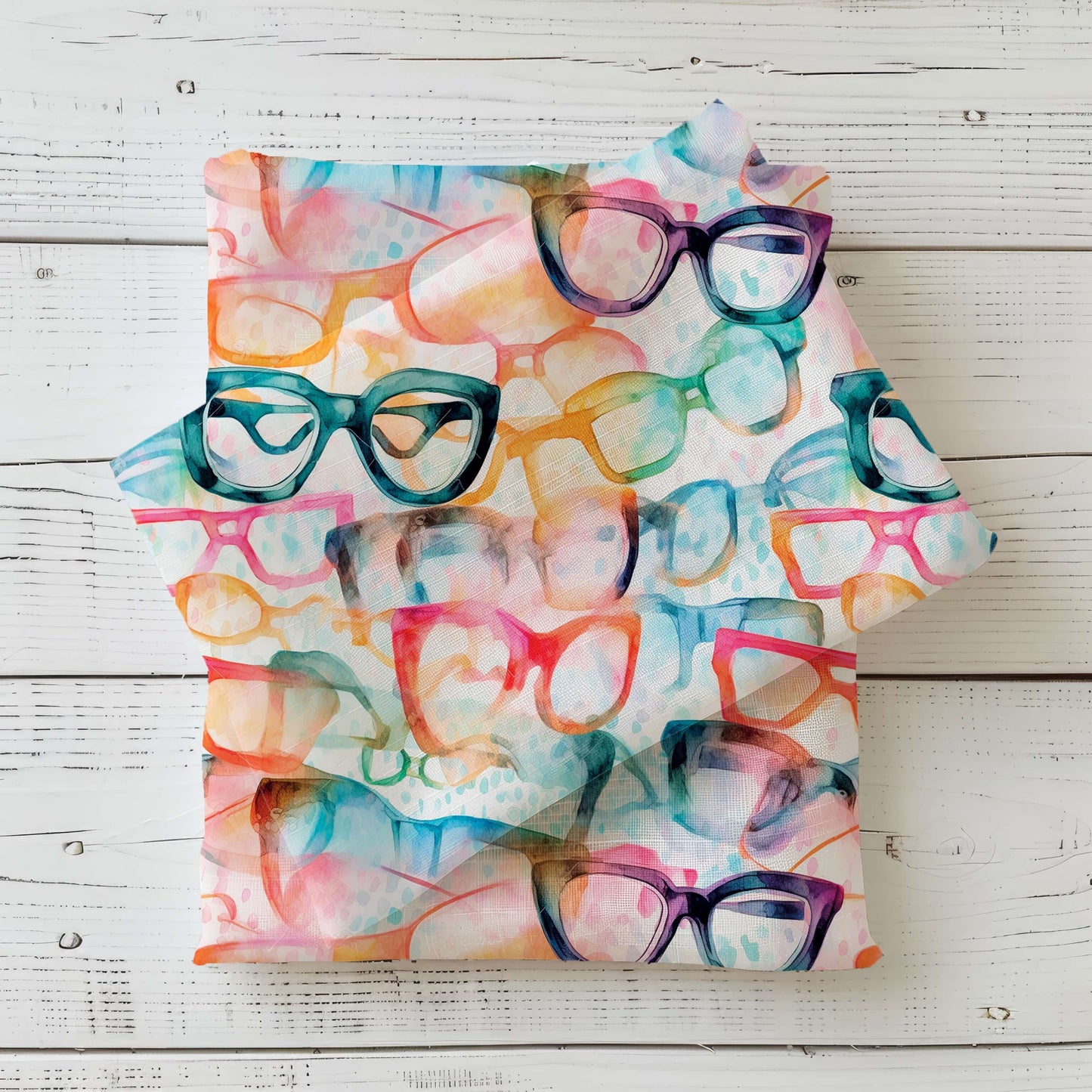 Kinderstoff mit buntem Brillen Design im Aquarellstil, Jersey French Terry und Rib Jersey Stoff Meterware für Kinderkleidung und kreative Nähprojekte