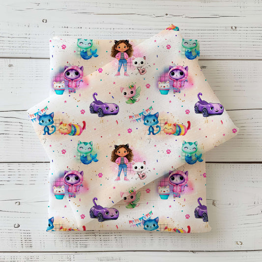 Kinderstoff mit bunten Katzen Cartoon Motiven und Mädchen Figuren, verspielter Jersey und French Terry Stoff Meterware für Baby und Kinderkleidung mit farbenfrohen Tierillustrationen