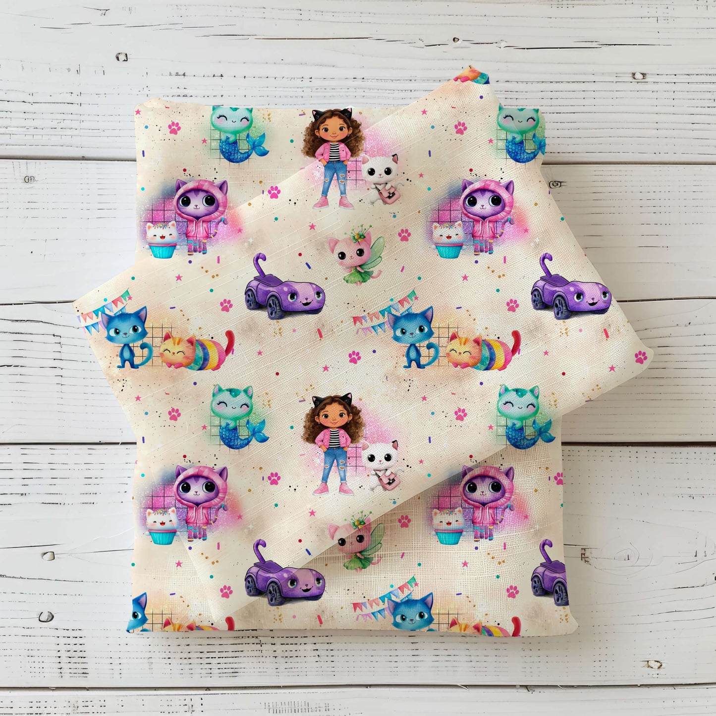 Verspielter Katzen Stoff für Kinder mit bunten Katzen, Mädchen Motiven und Fantasieelementen auf Jersey, Rib Jersey und French Terry – Kinderstoff als Meterware