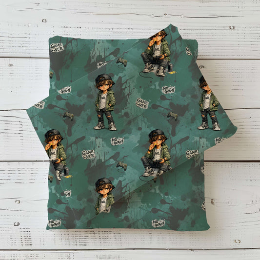 Kinderstoff Urban Gamer Street Edition mit Gaming Jungen Motiv, Controller und Game Over Schriftzügen, Jersey und French Terry Stoff Meterware für Kinder und Teenager Kleidung
