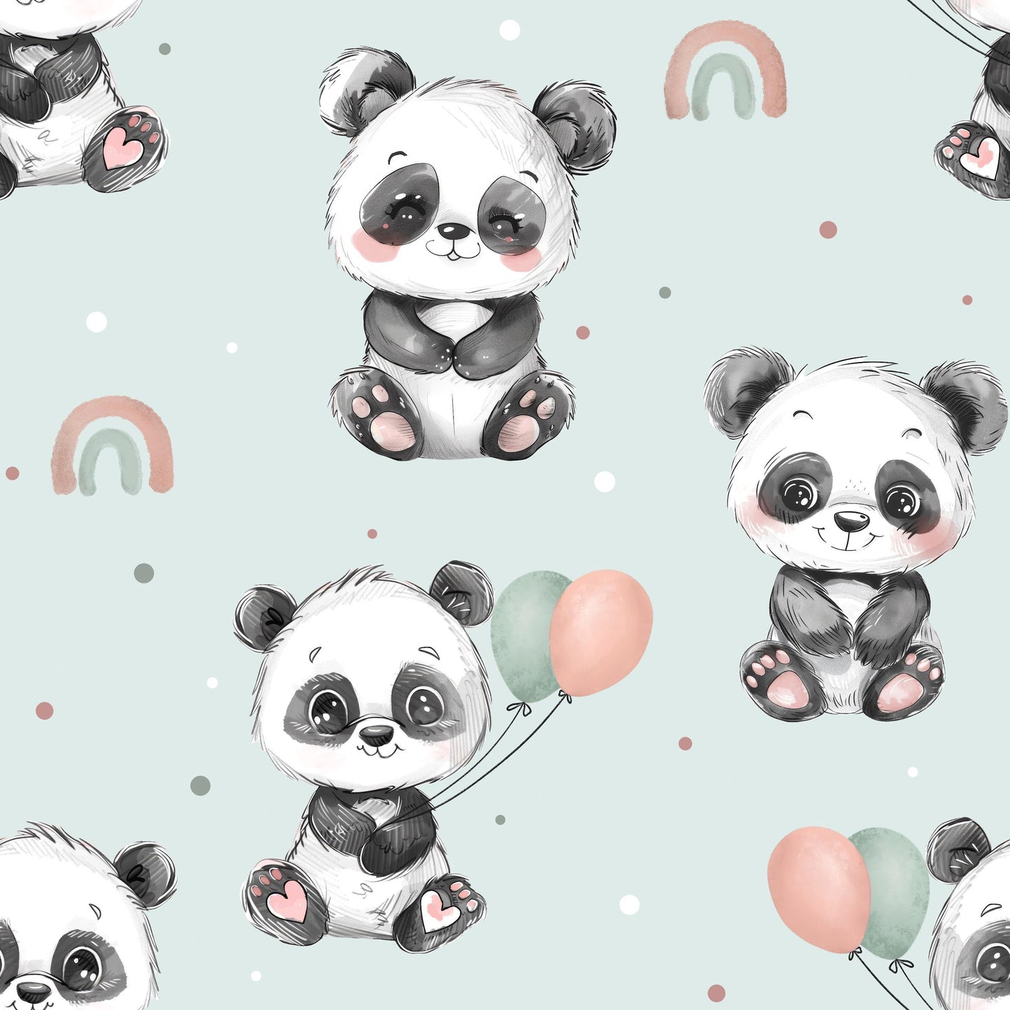 Detailaufnahme vom Kombistoff in Mint. Kleine Pandas mit punkten, Regenbogen und Luftballons.