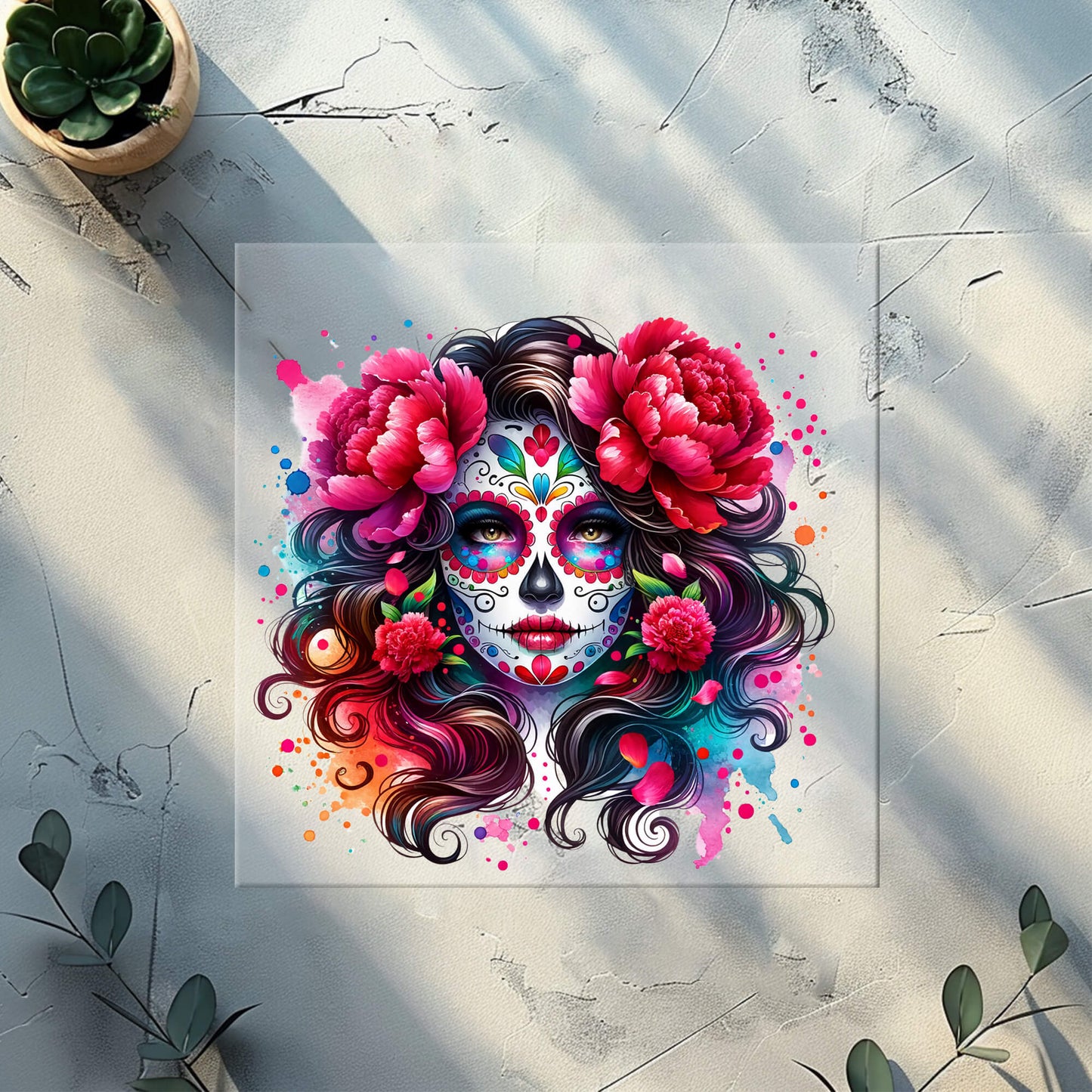 Farbenfrohes Glitzer Bügelbild Catrina mit roten Rosen im Día-de-los-Muertos-Stil