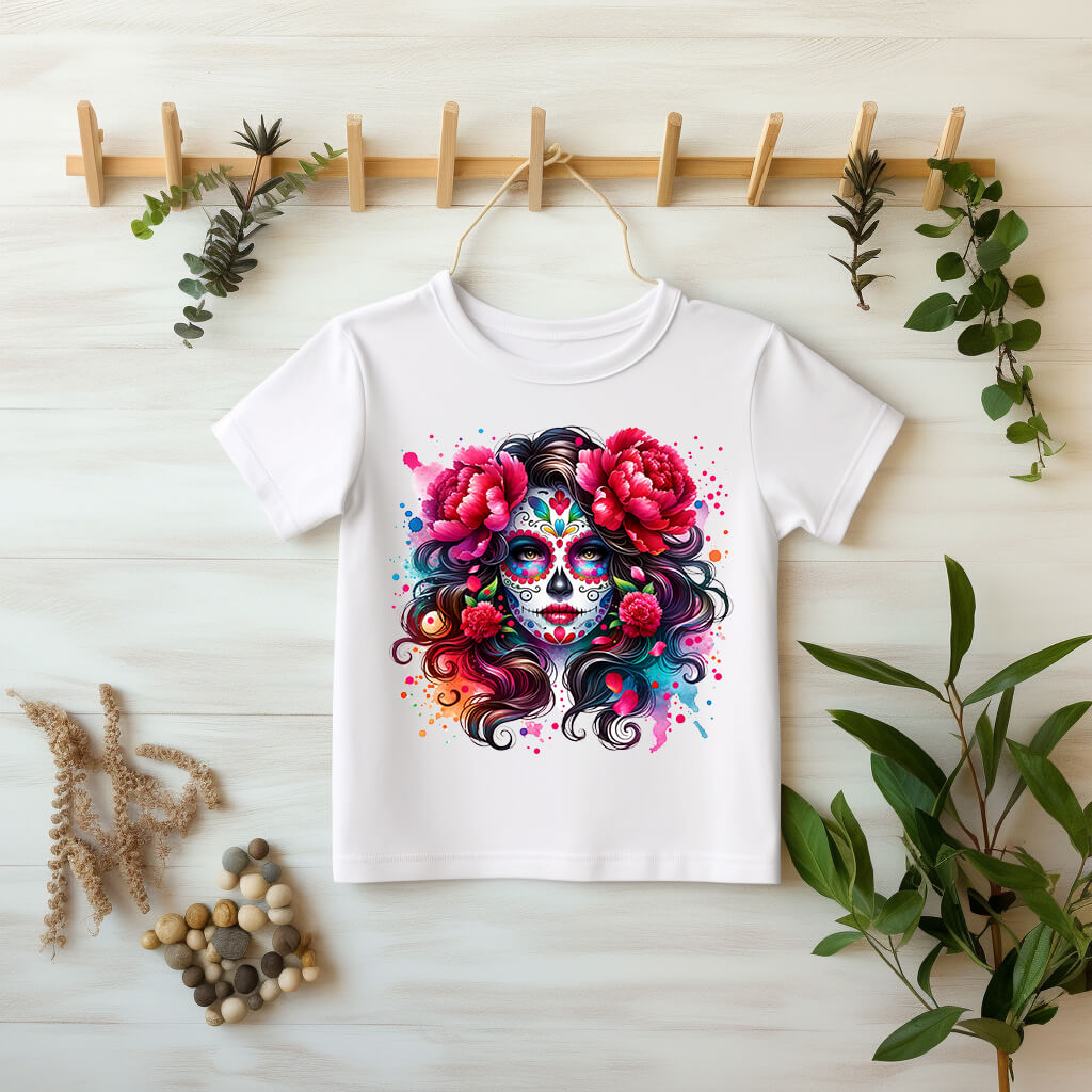 Farbenfrohes Glitzer Bügelbild Catrina mit roten Rosen im Día-de-los-Muertos-Stil auf einem T-Shirt