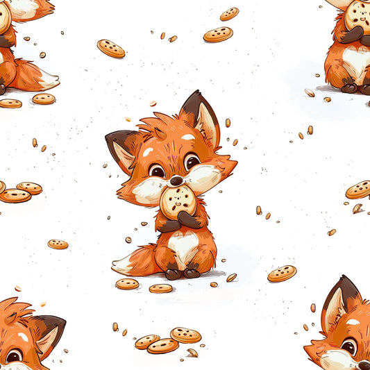 Detailansicht Fuchs mit Keks – hochwertiger Druck auf Bio Jersey oder French Terry Meterware