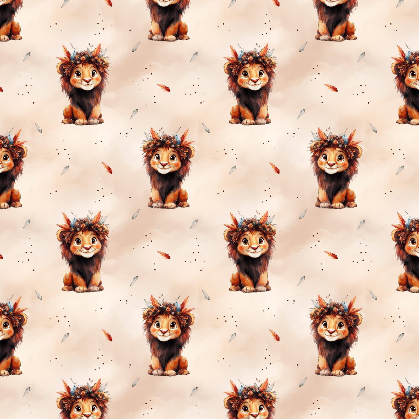 Detailaufnahme vom gemusterten Kombistoff. der kleine Löwe wiederholt sich und ist abwechselnd gespiegelt.