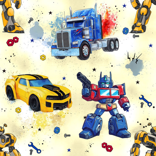 Jersey & French Terry "RobotCars" in gelb - Stoffe Meterware